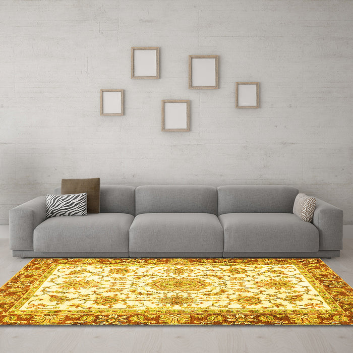 Machine Washable Oriental Yellow Traditional Rug in a Living Room, wshabs3162yw
