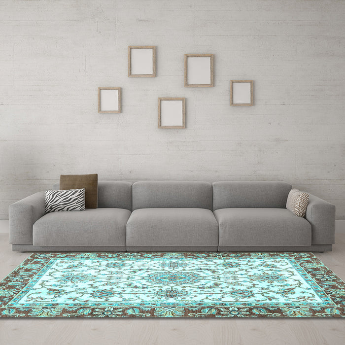 Machine Washable Oriental Light Blue Traditional Rug in a Living Room, wshabs3162lblu