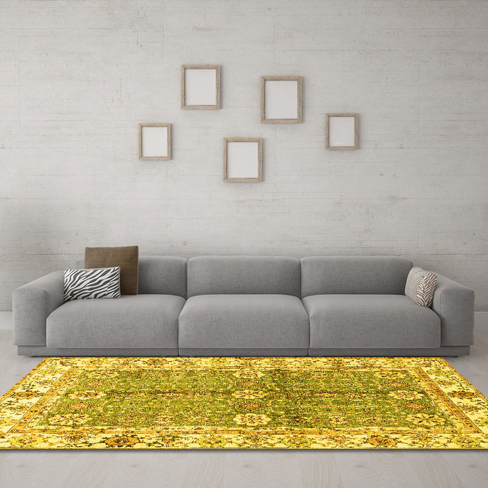 Machine Washable Oriental Yellow Traditional Rug in a Living Room, wshabs3163yw