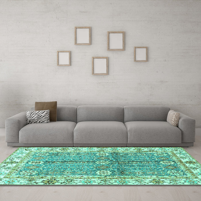 Machine Washable Oriental Turquoise Traditional Area Rugs in a Living Room,, wshabs3163turq