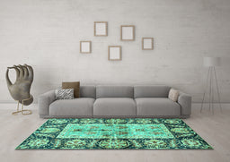 Machine Washable Oriental Turquoise Traditional Area Rugs in a Living Room,, wshabs3164turq