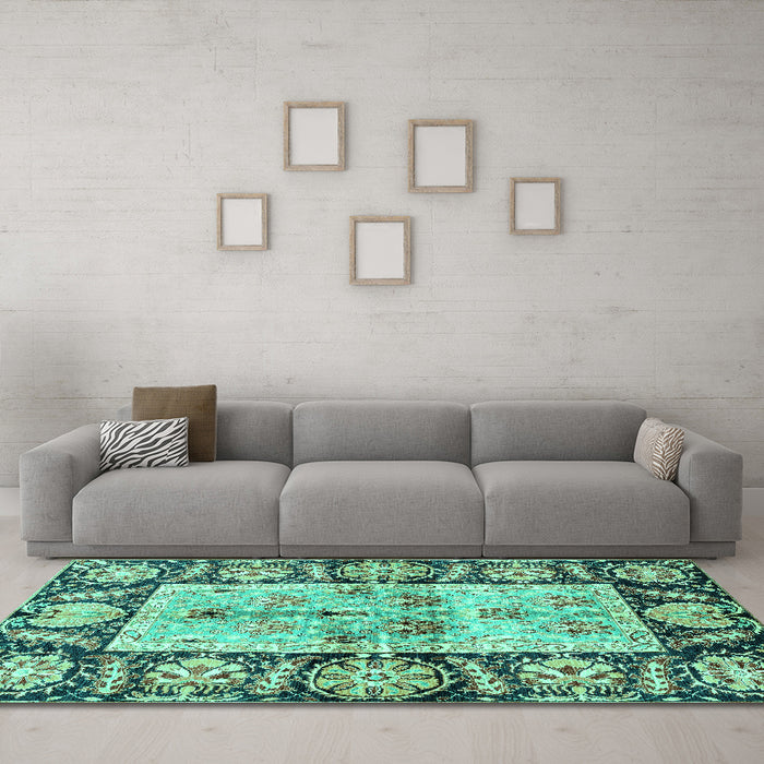 Machine Washable Oriental Turquoise Traditional Area Rugs in a Living Room,, wshabs3164turq