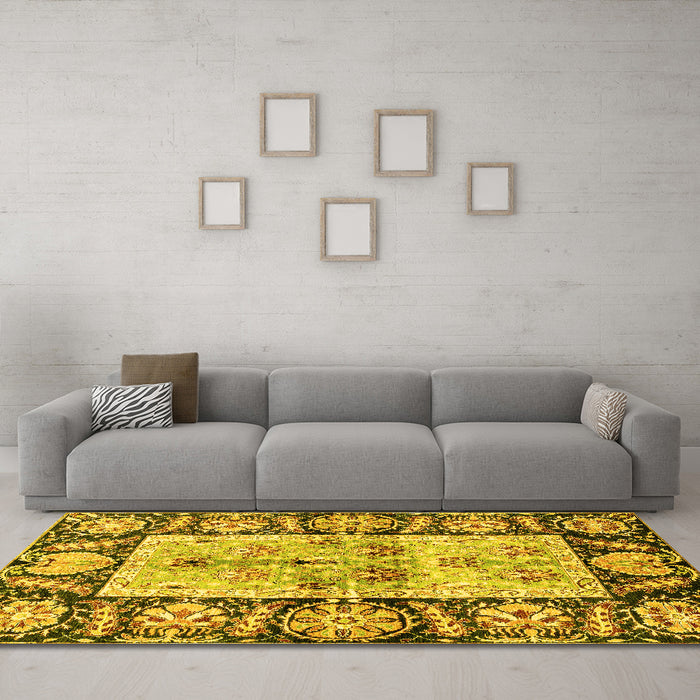 Machine Washable Oriental Yellow Traditional Rug in a Living Room, wshabs3164yw