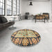 Round Abstract Yellow Oriental Rug in a Office, abs3164