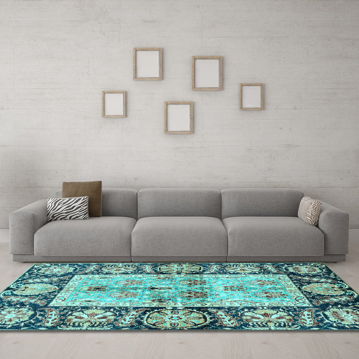 Machine Washable Oriental Light Blue Traditional Rug in a Living Room, wshabs3164lblu
