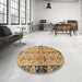 Round Abstract Chrome Gold Yellow Modern Rug in a Office, abs3166