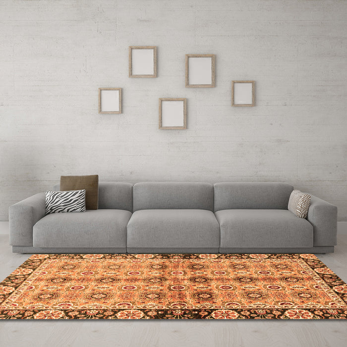 Machine Washable Abstract Orange Modern Area Rugs in a Living Room, wshabs3166org