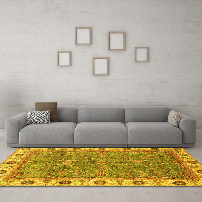 Machine Washable Oriental Yellow Traditional Rug in a Living Room, wshabs3167yw