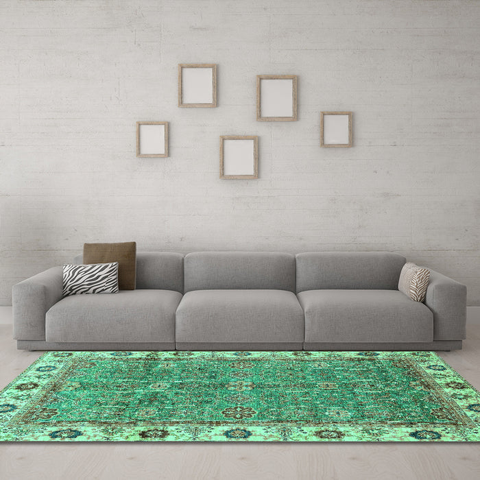 Machine Washable Oriental Turquoise Traditional Area Rugs in a Living Room,, wshabs3167turq