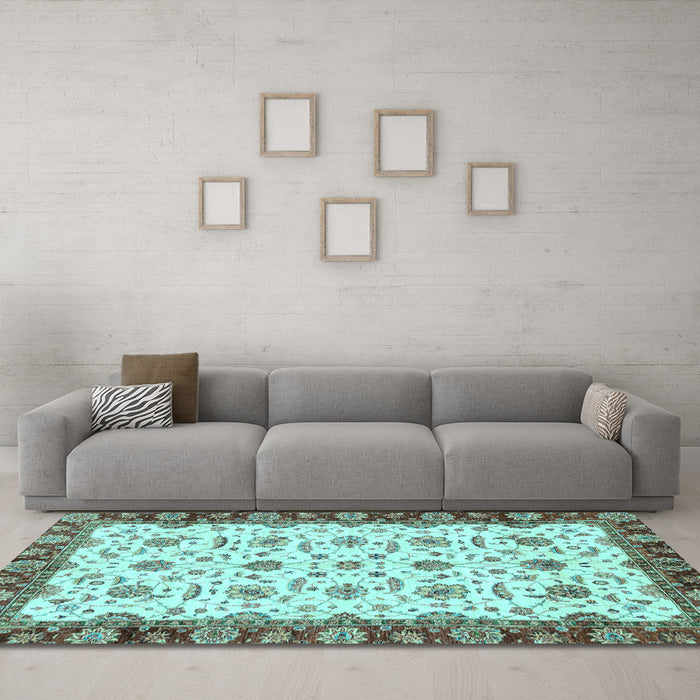 Machine Washable Oriental Light Blue Traditional Rug in a Living Room, wshabs3168lblu