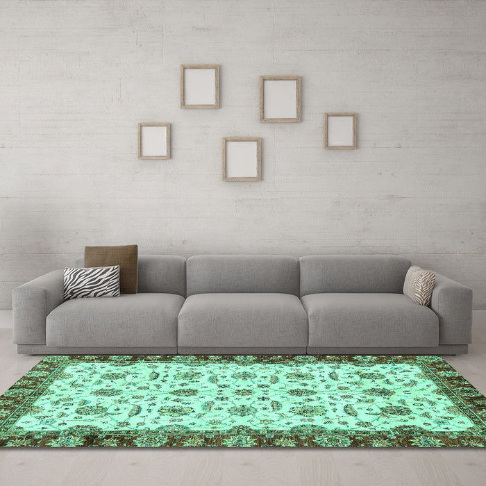 Machine Washable Oriental Turquoise Traditional Area Rugs in a Living Room,, wshabs3168turq
