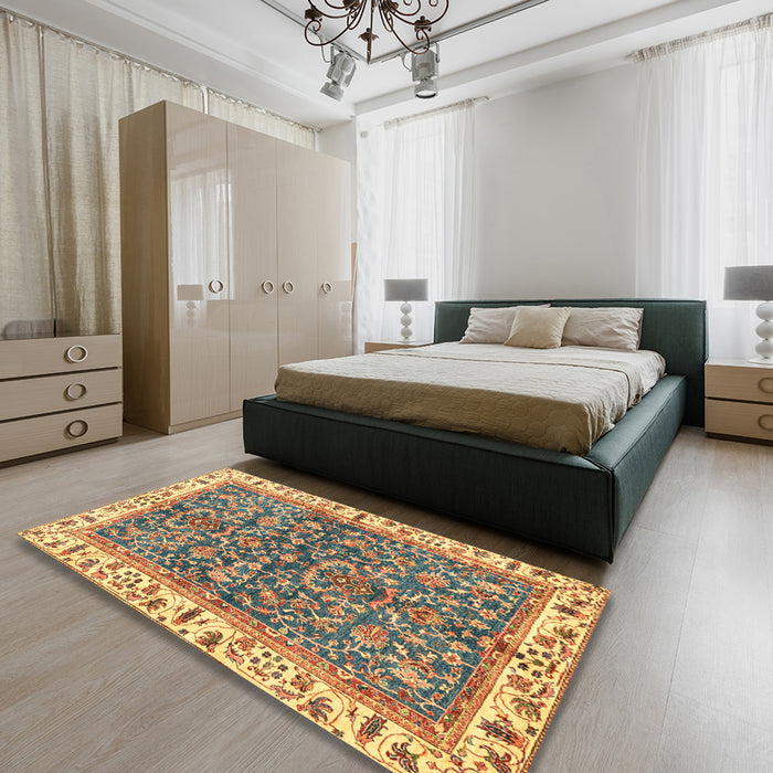 Machine Washable Abstract Metallic Gold Rug in a Bedroom, wshabs3169