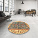 Round Machine Washable Abstract Metallic Gold Rug in a Office, wshabs3169