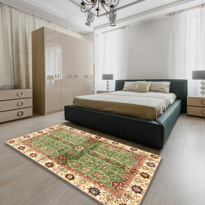 Machine Washable Abstract Brown Gold Rug in a Bedroom, wshabs3170