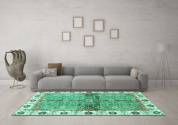 Machine Washable Oriental Turquoise Traditional Area Rugs in a Living Room,, wshabs3170turq
