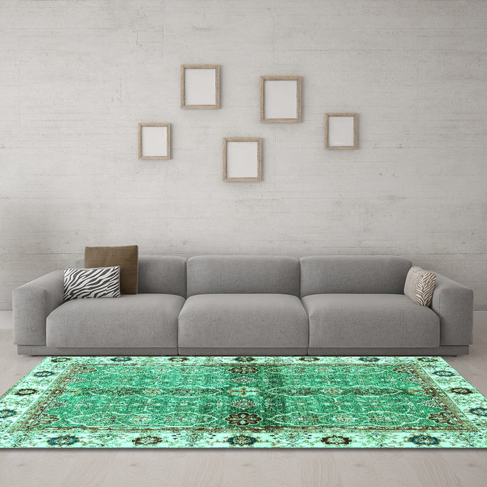 Machine Washable Oriental Turquoise Traditional Area Rugs in a Living Room,, wshabs3170turq