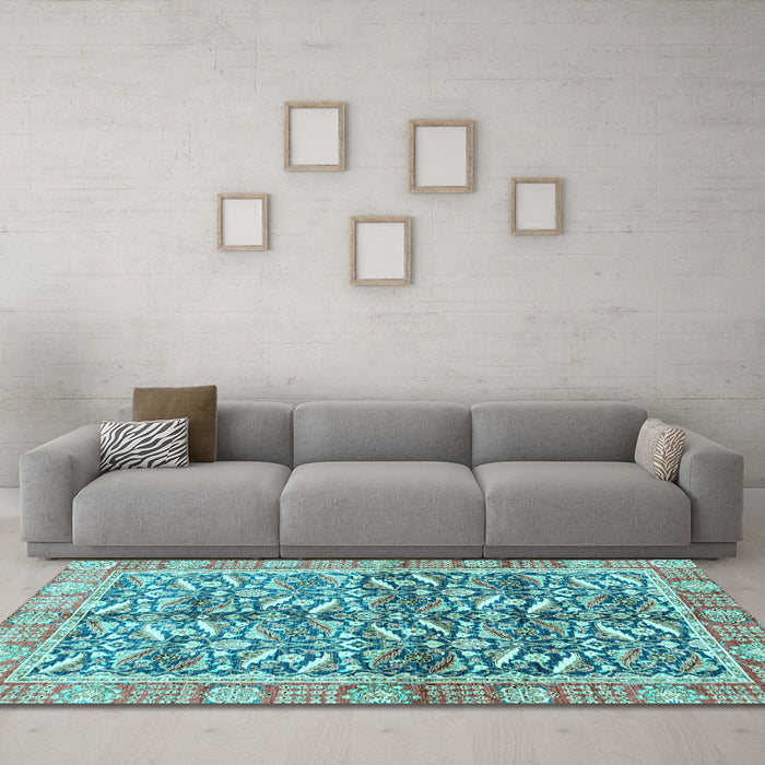 Machine Washable Oriental Light Blue Traditional Rug in a Living Room, wshabs3171lblu