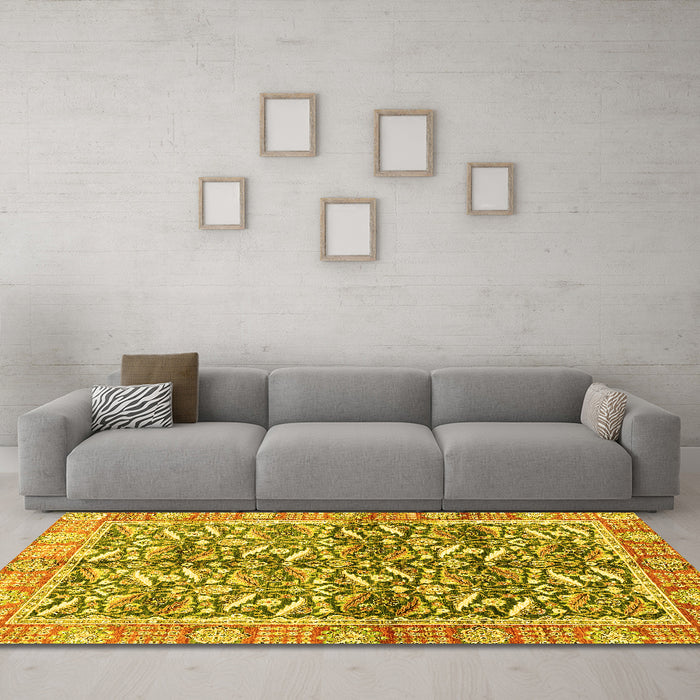 Machine Washable Oriental Yellow Traditional Rug in a Living Room, wshabs3171yw
