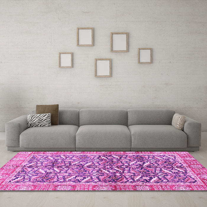 Machine Washable Oriental Pink Traditional Rug in a Living Room, wshabs3171pnk