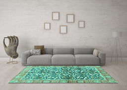 Machine Washable Oriental Turquoise Traditional Area Rugs in a Living Room,, wshabs3171turq