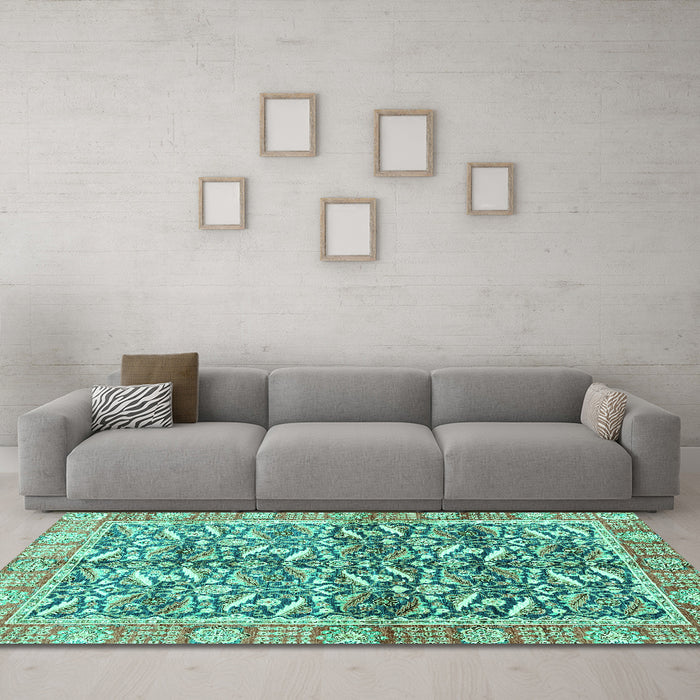 Machine Washable Oriental Turquoise Traditional Area Rugs in a Living Room,, wshabs3171turq