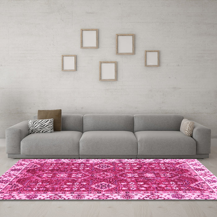 Machine Washable Oriental Pink Traditional Rug in a Living Room, wshabs3173pnk