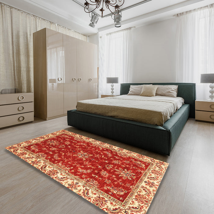 Machine Washable Abstract Orange Rug in a Bedroom, wshabs3174