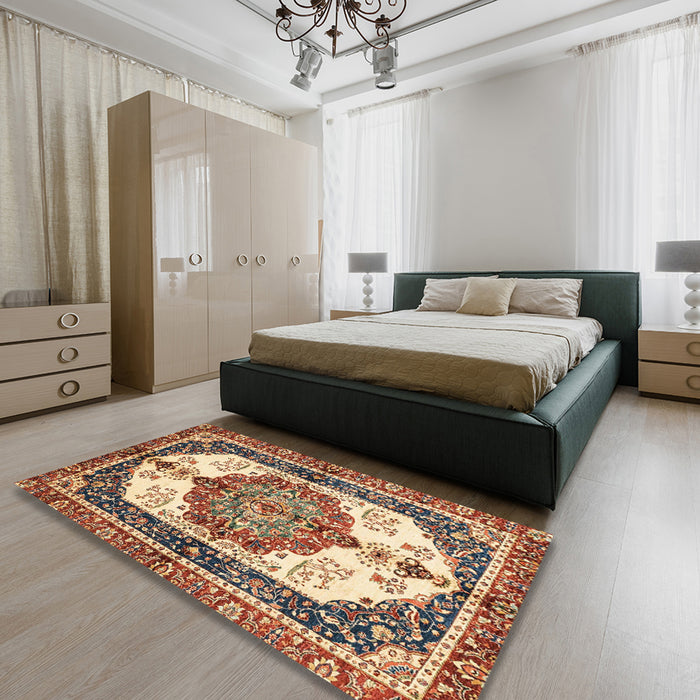 Machine Washable Abstract Brown Red Rug in a Bedroom, wshabs3178