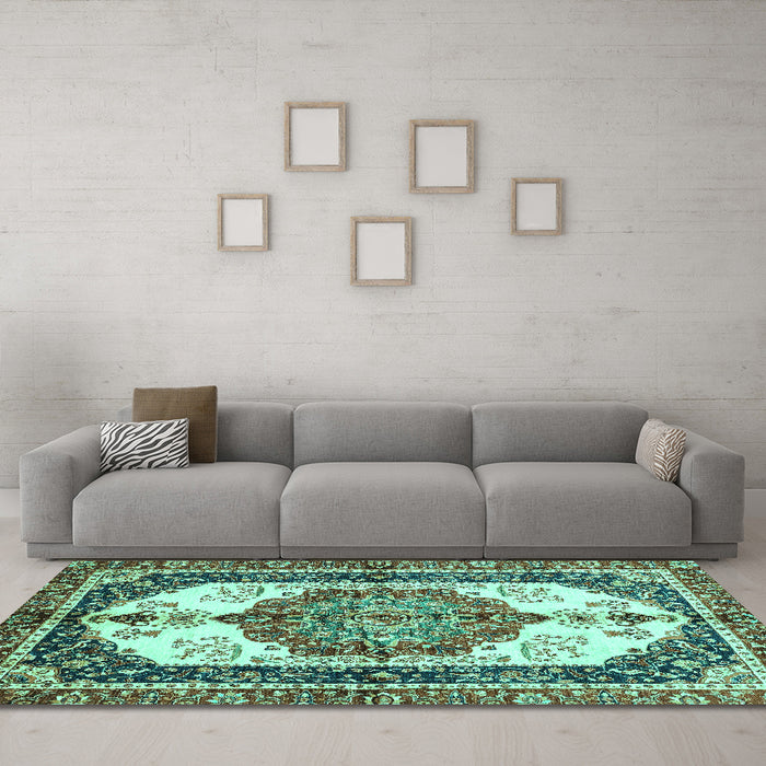 Machine Washable Abstract Turquoise Modern Area Rugs in a Living Room,, wshabs3178turq