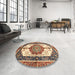 Round Machine Washable Abstract Brown Red Rug in a Office, wshabs3178