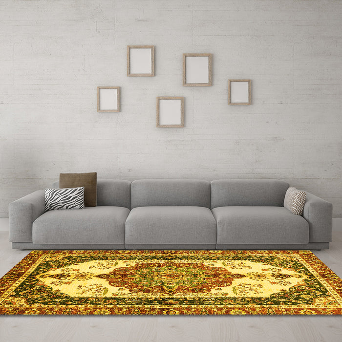 Machine Washable Abstract Yellow Modern Rug in a Living Room, wshabs3178yw