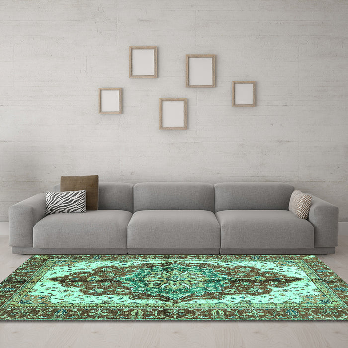 Machine Washable Persian Turquoise Traditional Area Rugs in a Living Room,, wshabs3179turq