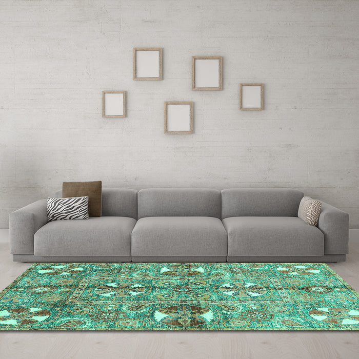 Machine Washable Abstract Turquoise Modern Area Rugs in a Living Room,, wshabs3180turq