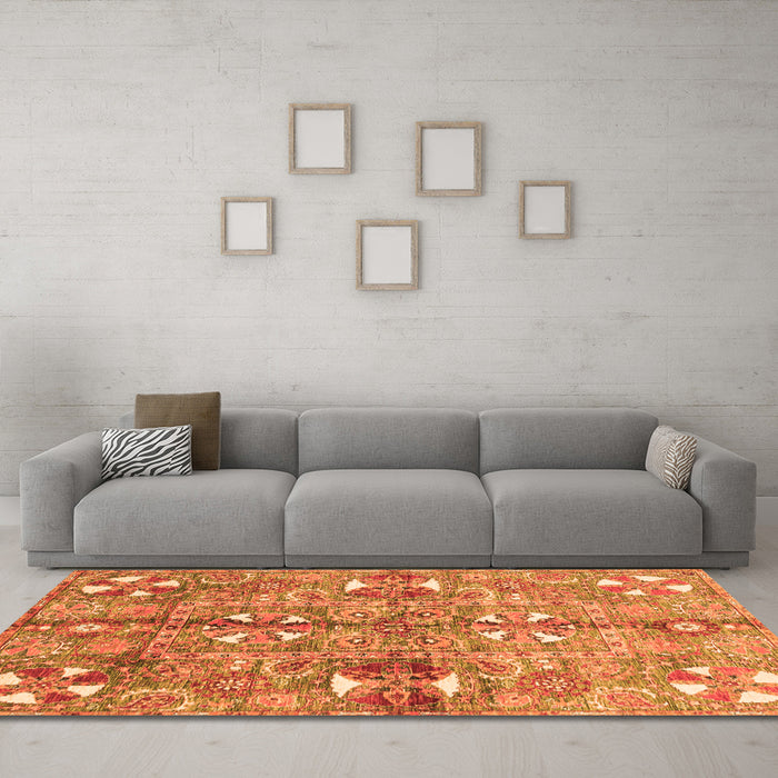 Machine Washable Abstract Orange Modern Area Rugs in a Living Room, wshabs3180org