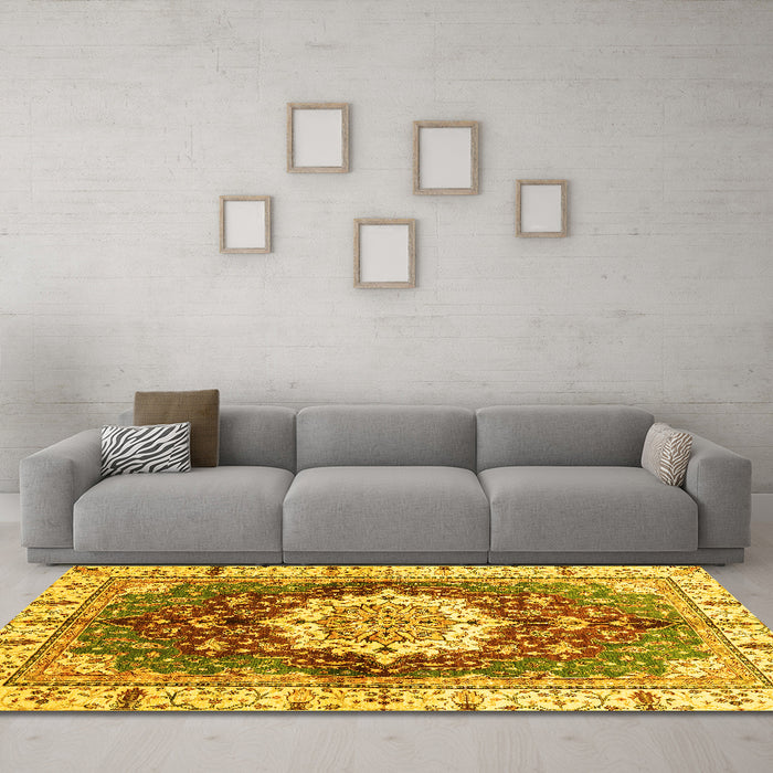 Machine Washable Abstract Yellow Modern Rug in a Living Room, wshabs3181yw