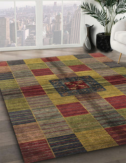 Abstract Red Brown Checkered Rug in Family Room, abs3183