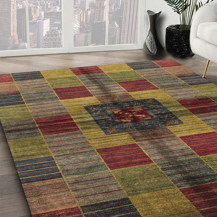 Abstract Red Brown Checkered Rug in Family Room, abs3183