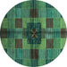 Round Machine Washable Checkered Turquoise Modern Area Rugs, wshabs3183turq