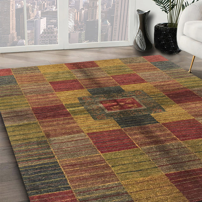 Abstract Light Brown Checkered Rug in Family Room, abs3185