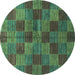 Round Machine Washable Checkered Turquoise Modern Area Rugs, wshabs3188turq