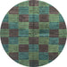 Round Machine Washable Checkered Light Blue Modern Rug, wshabs3188lblu