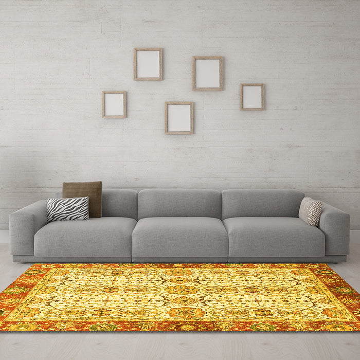 Machine Washable Oriental Yellow Traditional Rug in a Living Room, wshabs3189yw