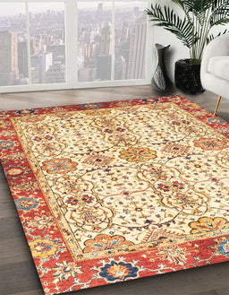 Abstract Brown Gold Oriental Rug in Family Room, abs3189