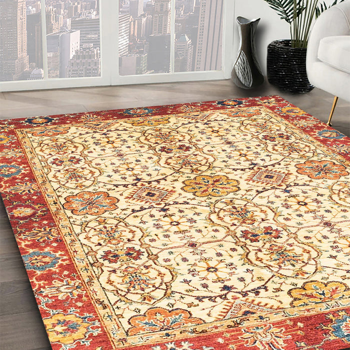 Abstract Brown Gold Oriental Rug in Family Room, abs3189