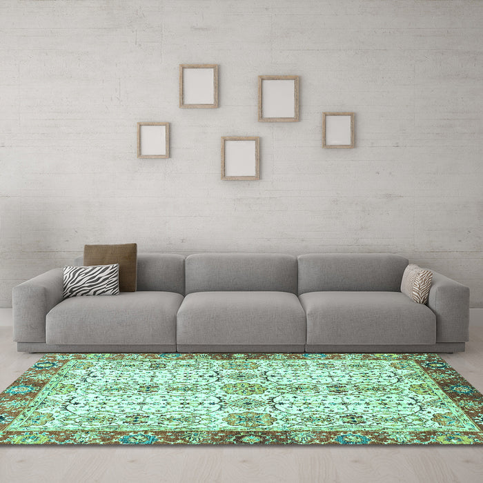 Machine Washable Oriental Turquoise Traditional Area Rugs in a Living Room,, wshabs3189turq