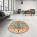 Round Machine Washable Abstract Brown Gold Rug in a Office, wshabs3190