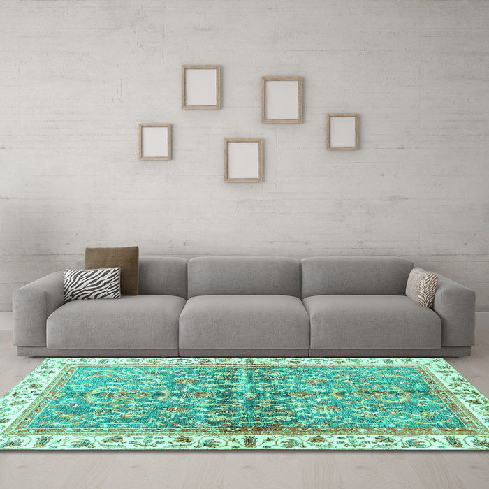 Machine Washable Oriental Turquoise Traditional Area Rugs in a Living Room,, wshabs3190turq