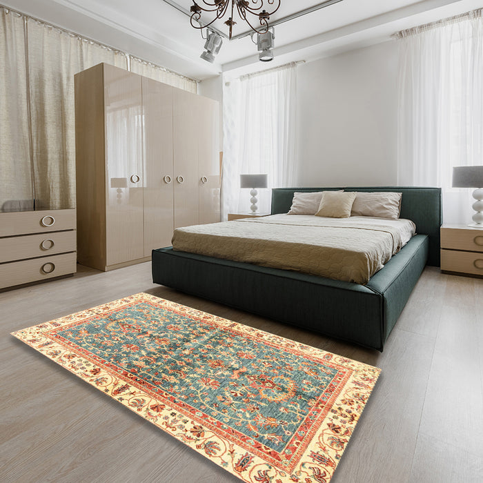 Machine Washable Abstract Brown Gold Rug in a Bedroom, wshabs3190