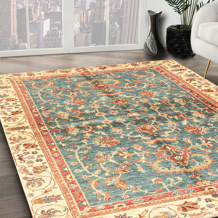 Abstract Brown Gold Oriental Rug in Family Room, abs3190