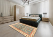 Abstract Brown Gold Oriental Rug in a Bedroom, abs3190